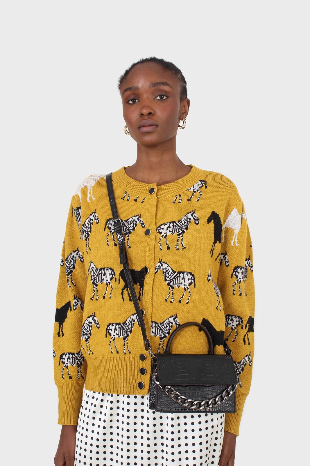Mustard zebra metal button puff sleeved cardigan