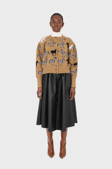 Beige zebra metal button puff sleeved cardigan