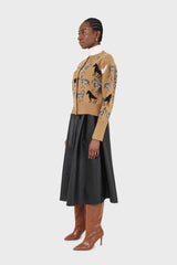 Beige zebra metal button puff sleeved cardigan