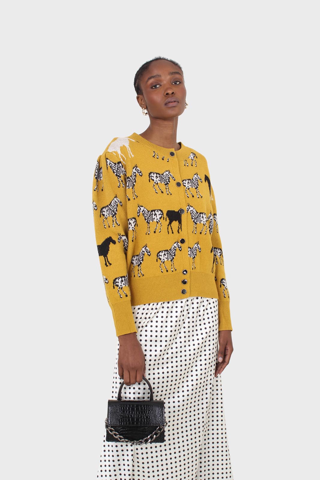 Mustard zebra metal button puff sleeved cardigan