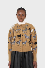 Beige zebra metal button puff sleeved cardigan