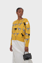 Mustard zebra metal button puff sleeved cardigan