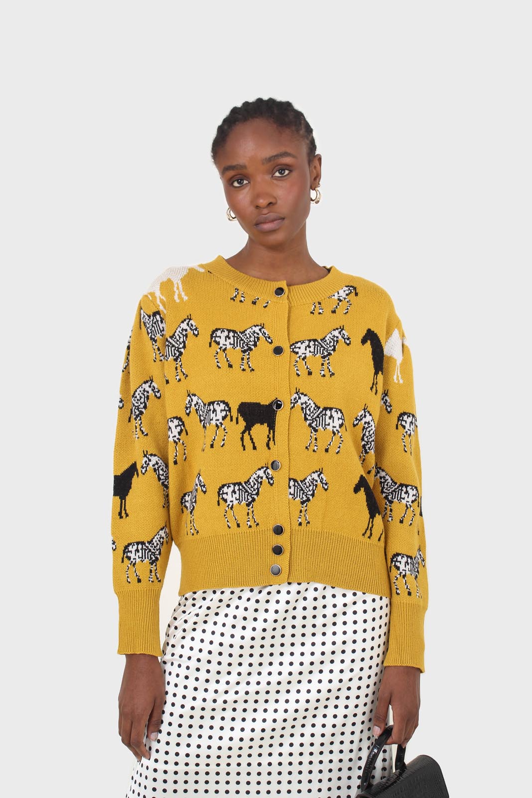 Mustard zebra metal button puff sleeved cardigan
