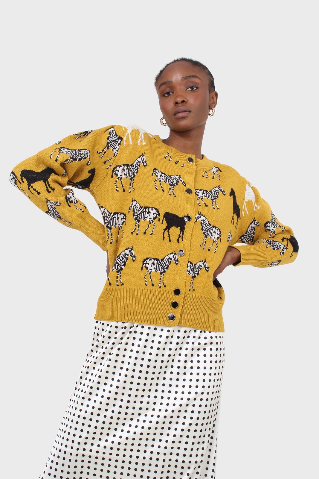 Mustard zebra metal button puff sleeved cardigan