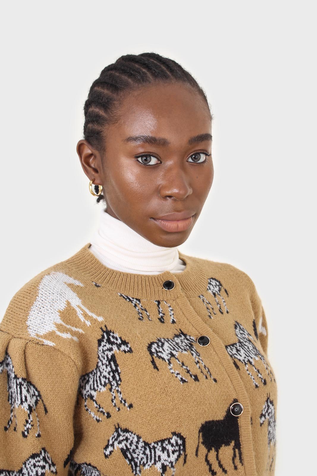 Beige zebra metal button puff sleeved cardigan