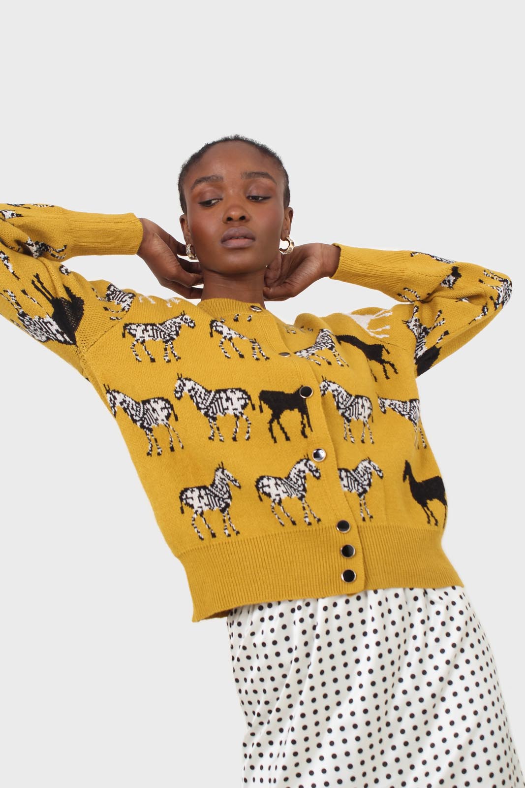 Mustard zebra metal button puff sleeved cardigan