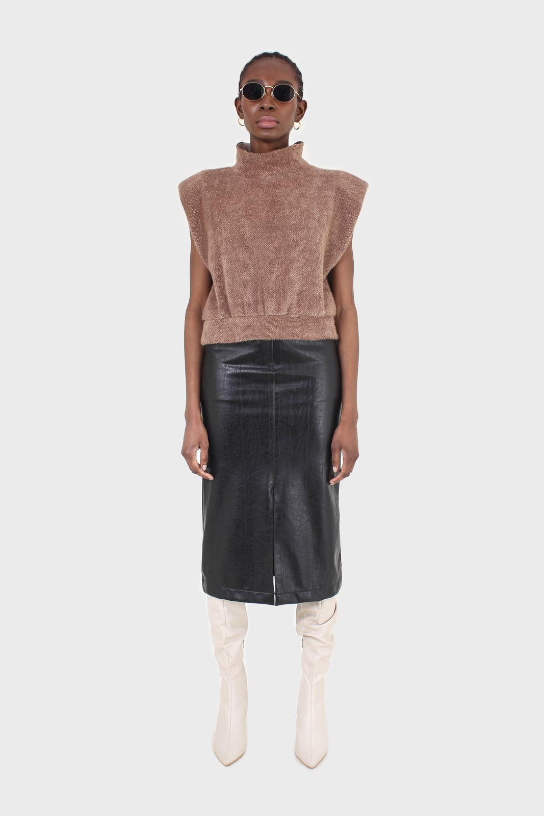 Brown fuzzy structured shoulder pad vest top