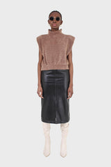 Brown fuzzy structured shoulder pad vest top