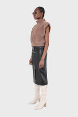 Brown fuzzy structured shoulder pad vest top