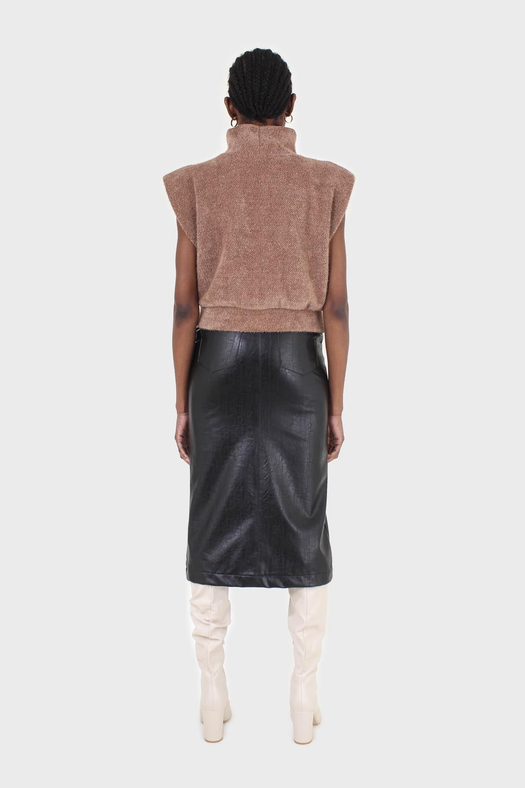 Brown fuzzy structured shoulder pad vest top