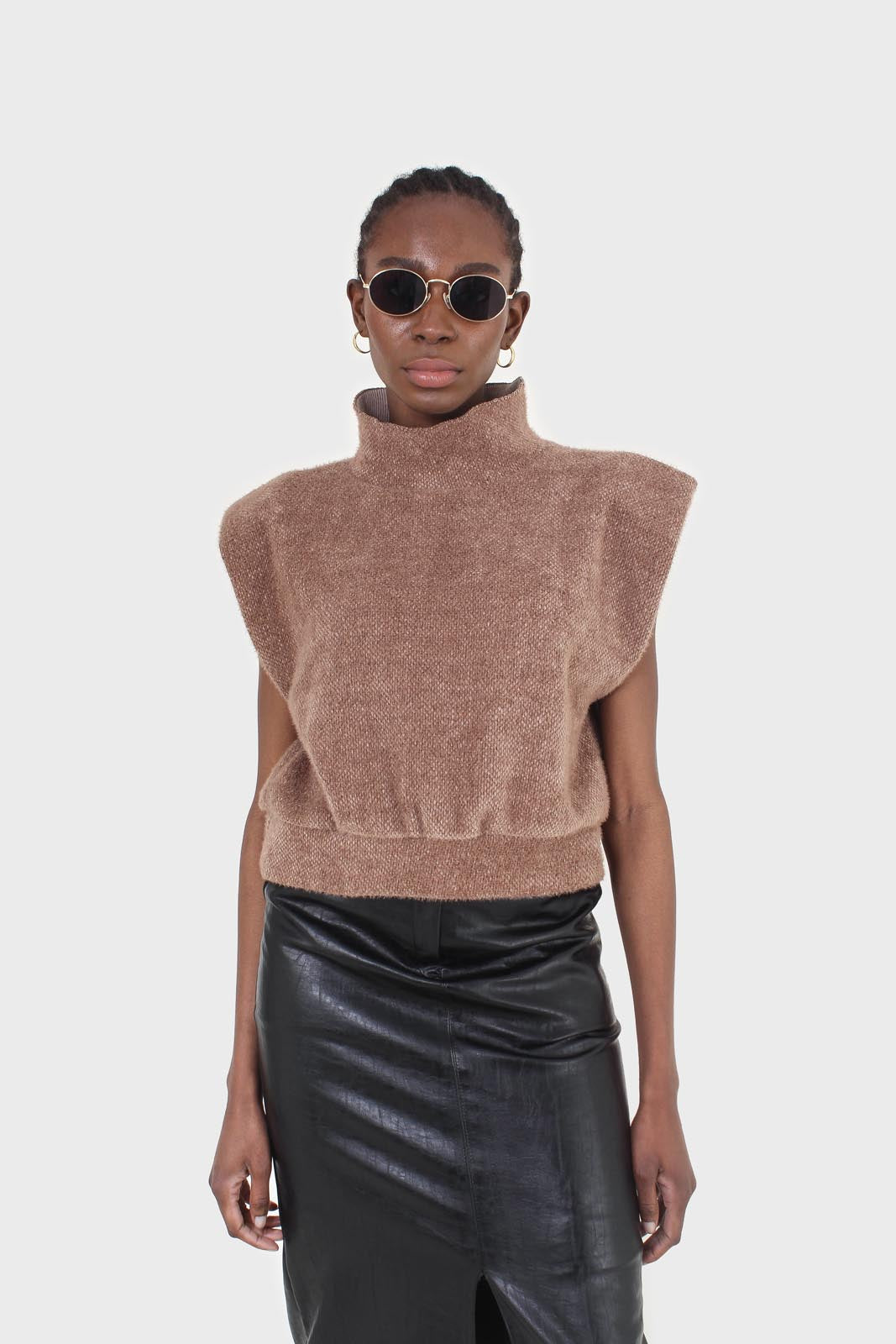 Brown fuzzy structured shoulder pad vest top