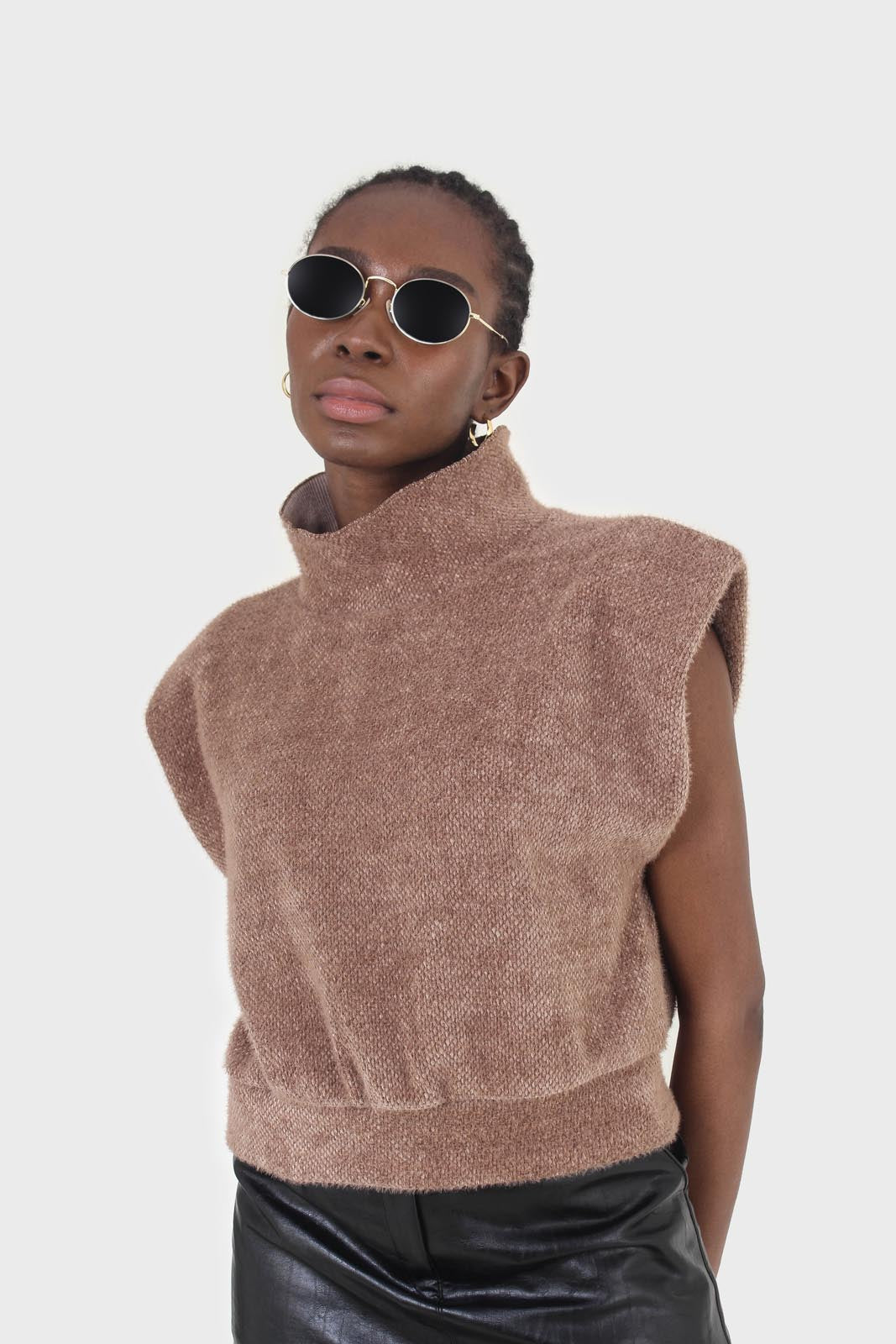 Brown fuzzy structured shoulder pad vest top