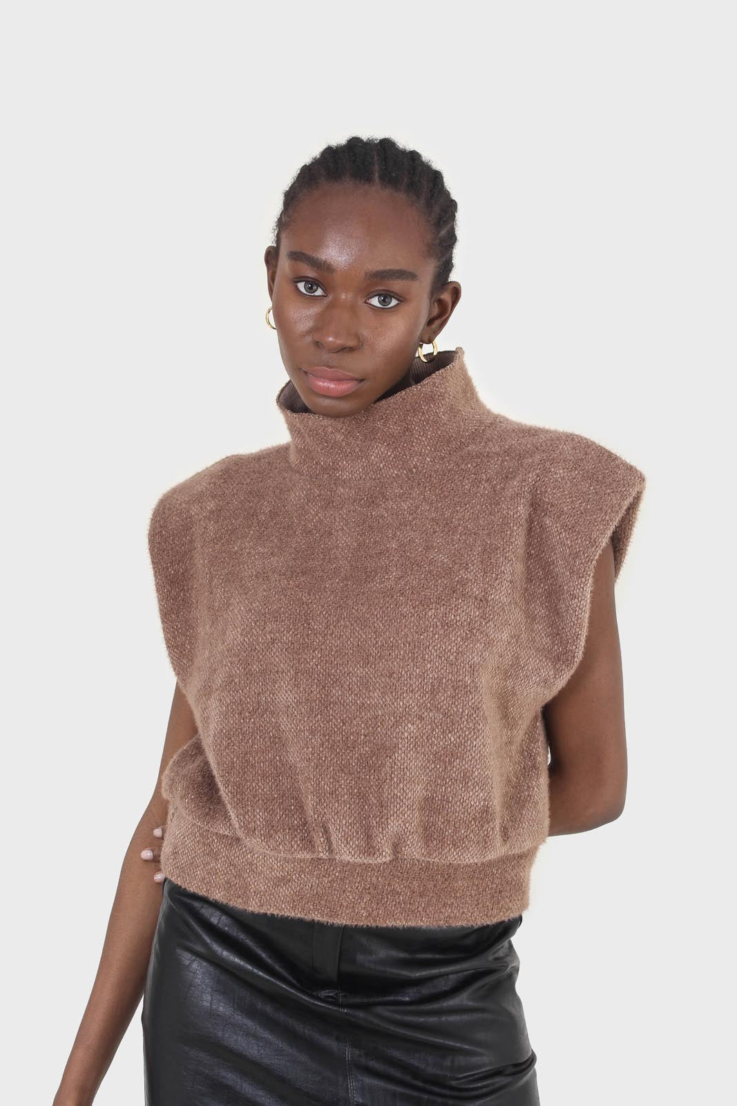 Brown fuzzy structured shoulder pad vest top