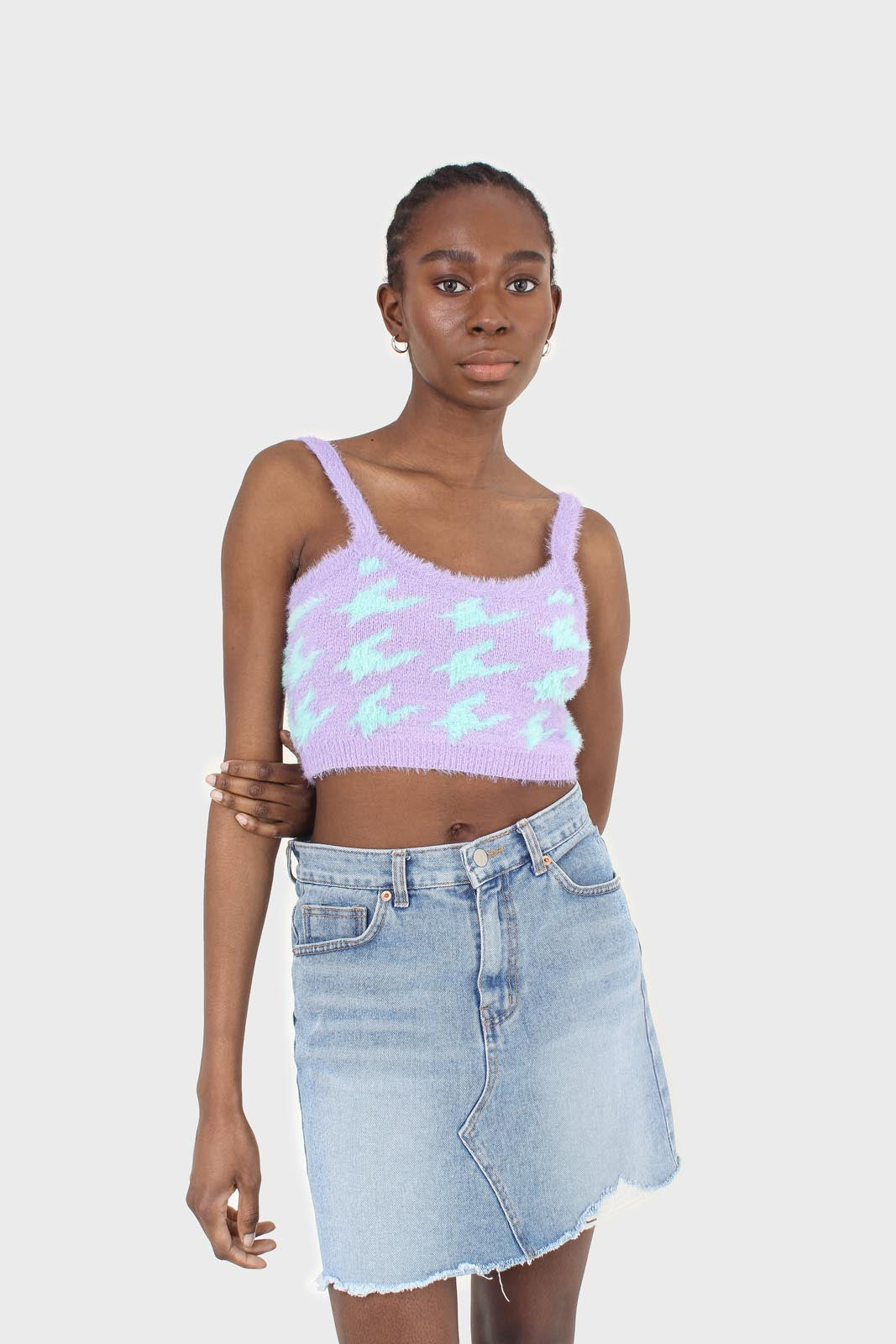 Violet and mint houndstooth fuzzy bralette