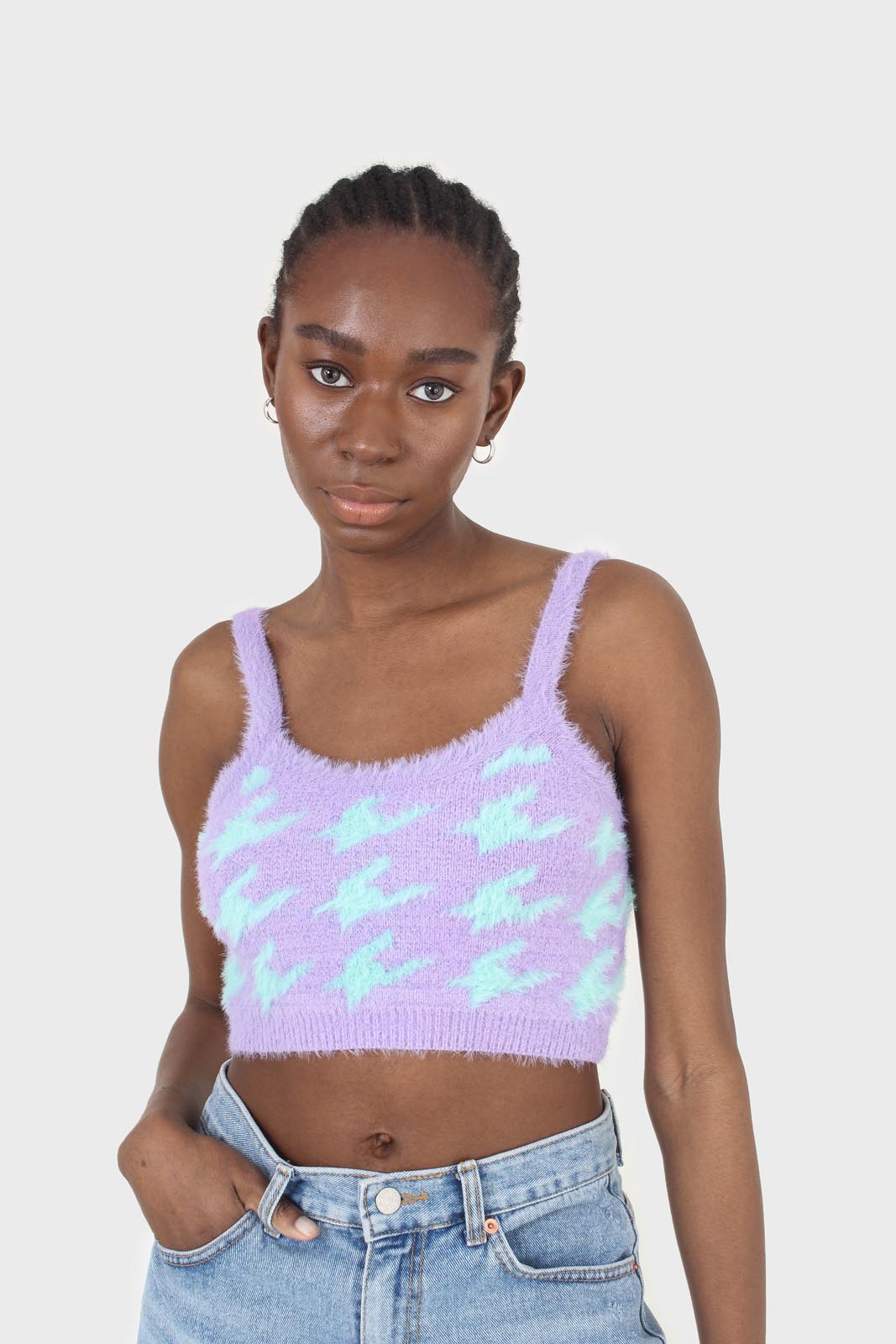 Violet and mint houndstooth fuzzy bralette