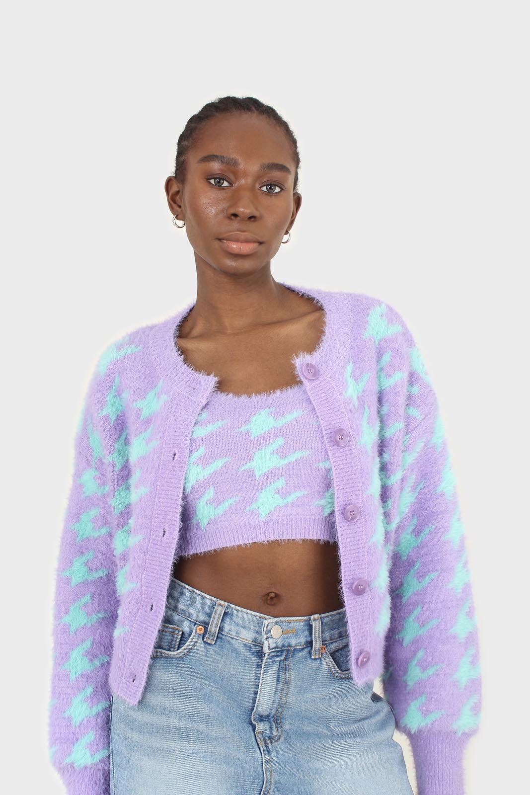 Violet and mint houndstooth fuzzy cardigan