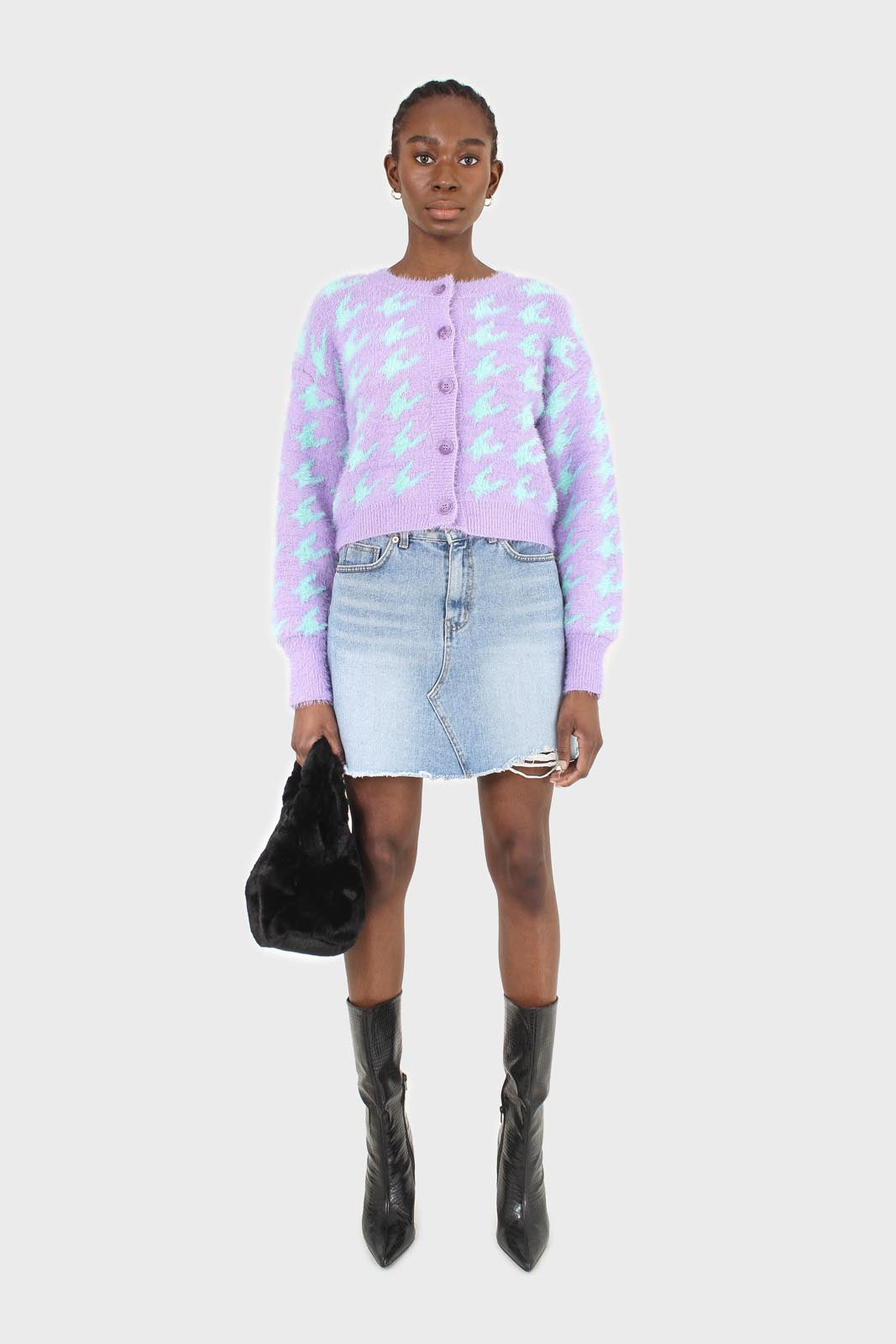 Violet and mint houndstooth fuzzy cardigan