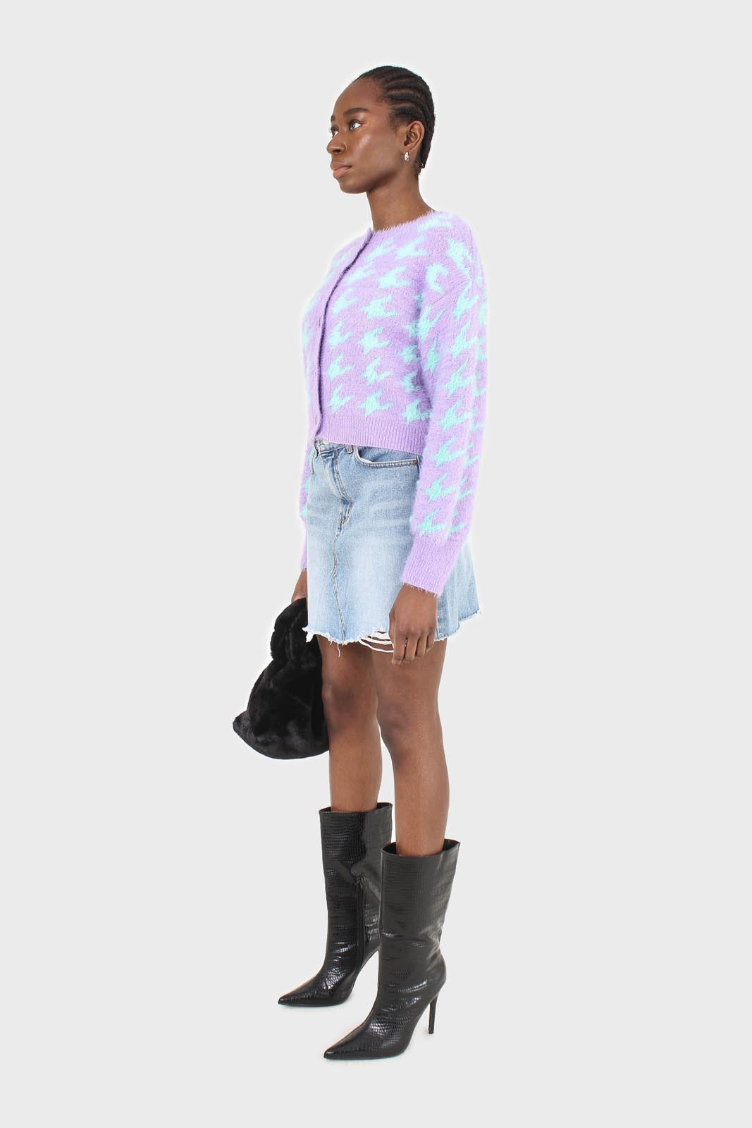 Violet and mint houndstooth fuzzy cardigan