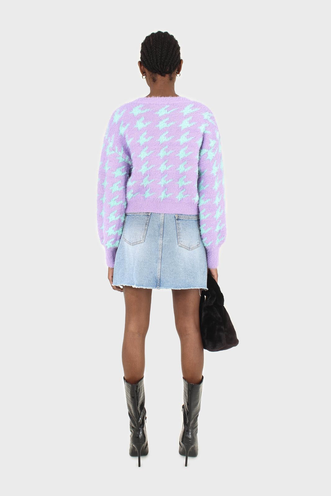 Violet and mint houndstooth fuzzy cardigan