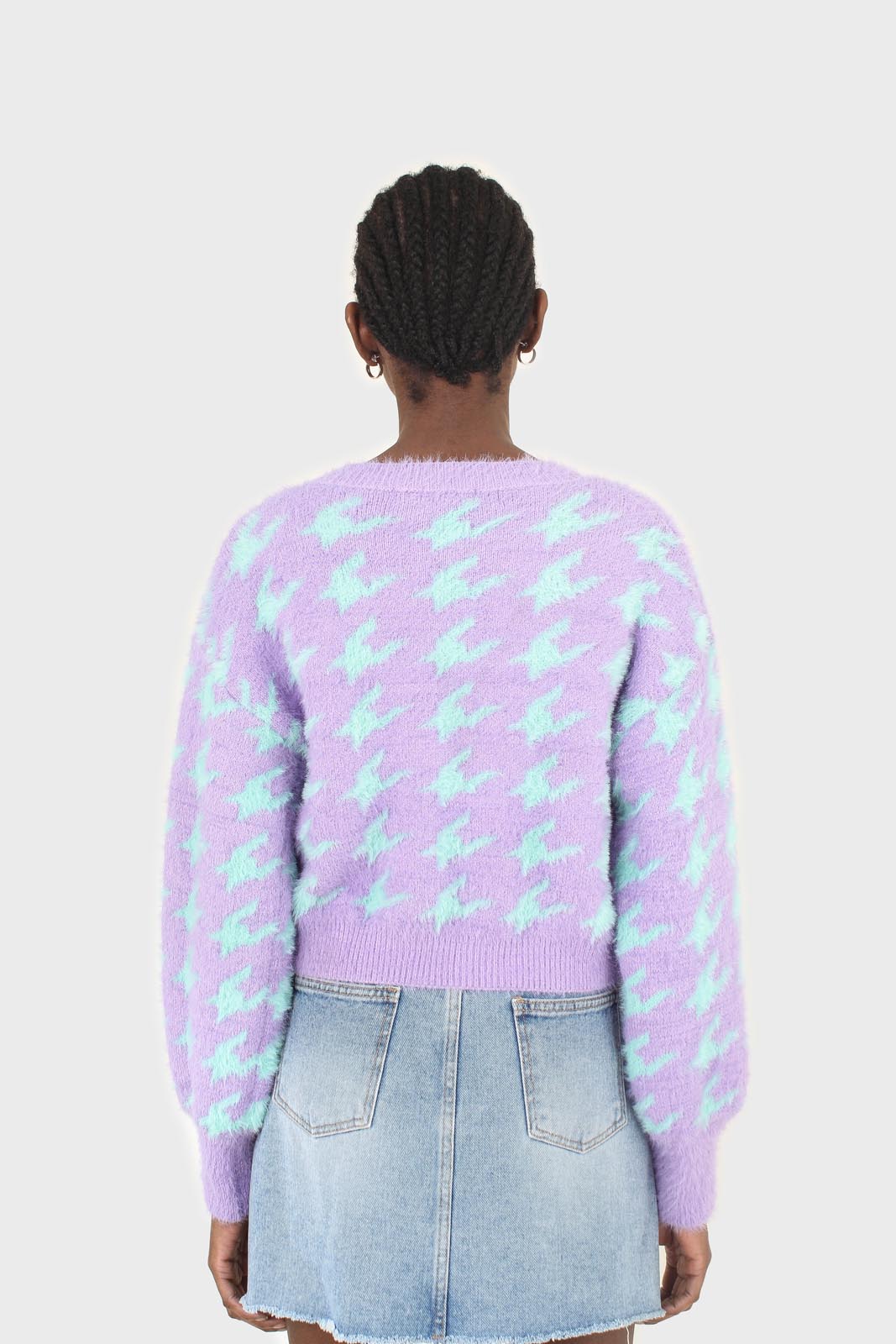 Violet and mint houndstooth fuzzy cardigan