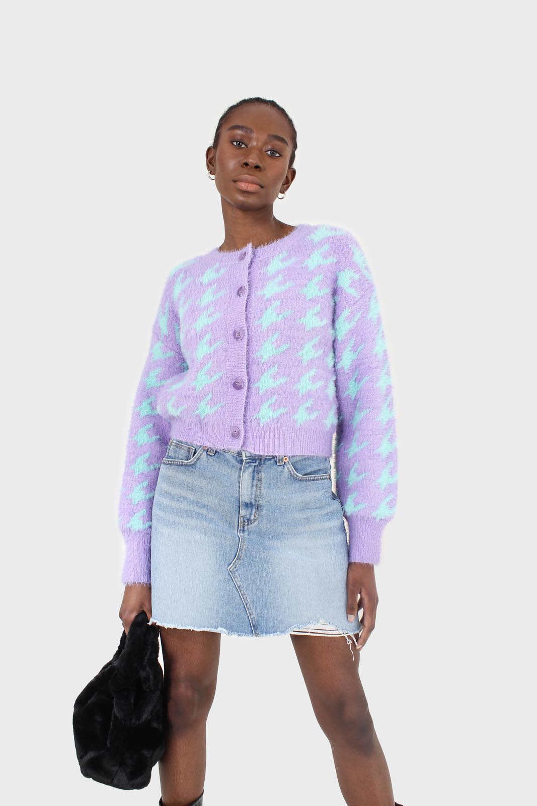Violet and mint houndstooth fuzzy cardigan