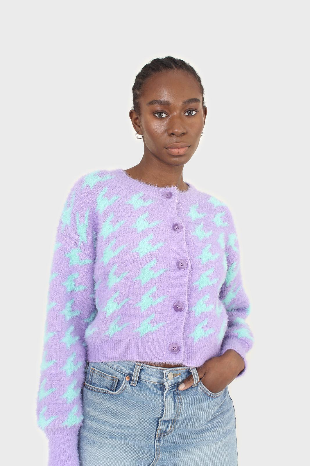 Violet and mint houndstooth fuzzy cardigan