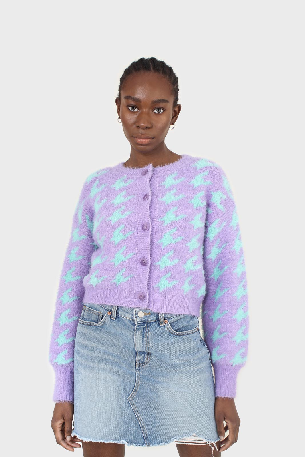 Violet and mint houndstooth fuzzy cardigan