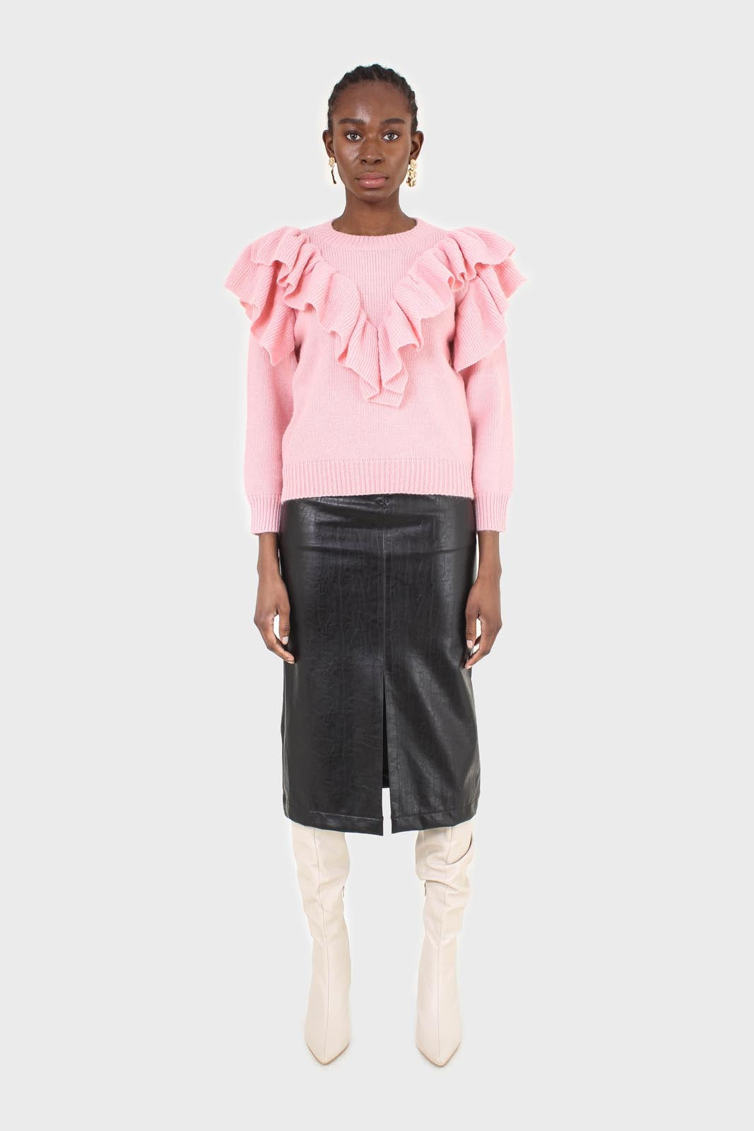 Pink deep V ruffle trim jumper