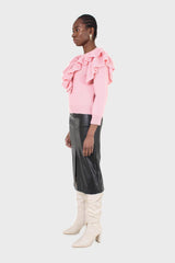 Pink deep V ruffle trim jumper