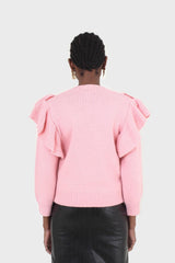 Pink deep V ruffle trim jumper