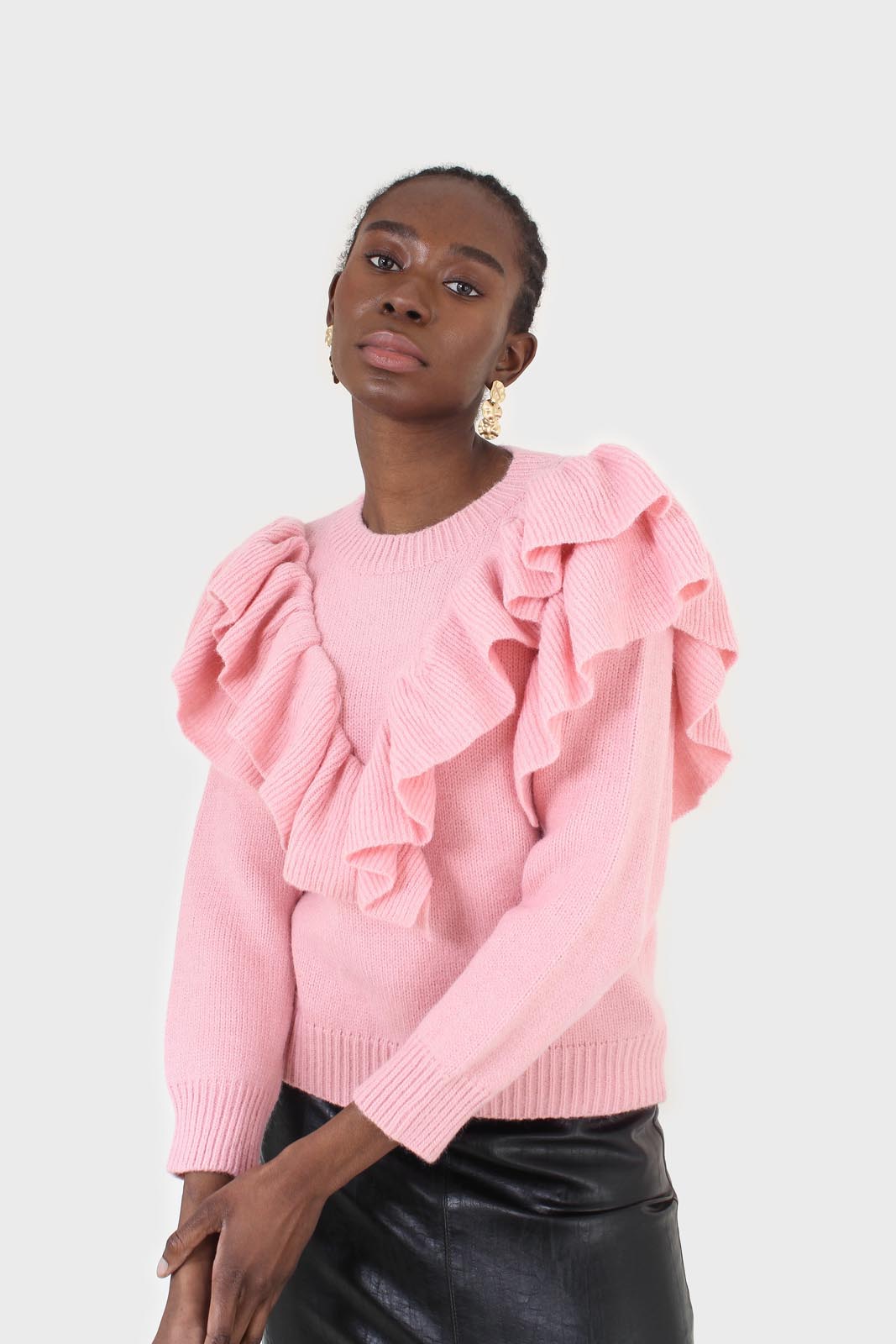 Pink deep V ruffle trim jumper