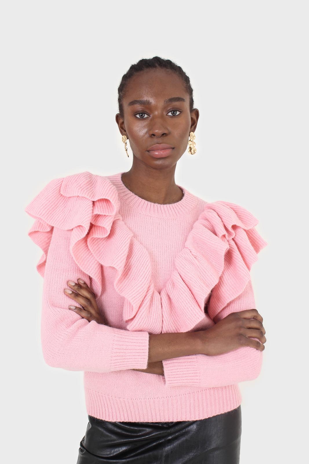 Pink deep V ruffle trim jumper