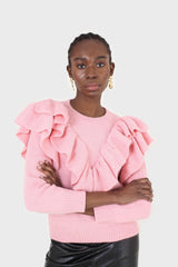 Pink deep V ruffle trim jumper