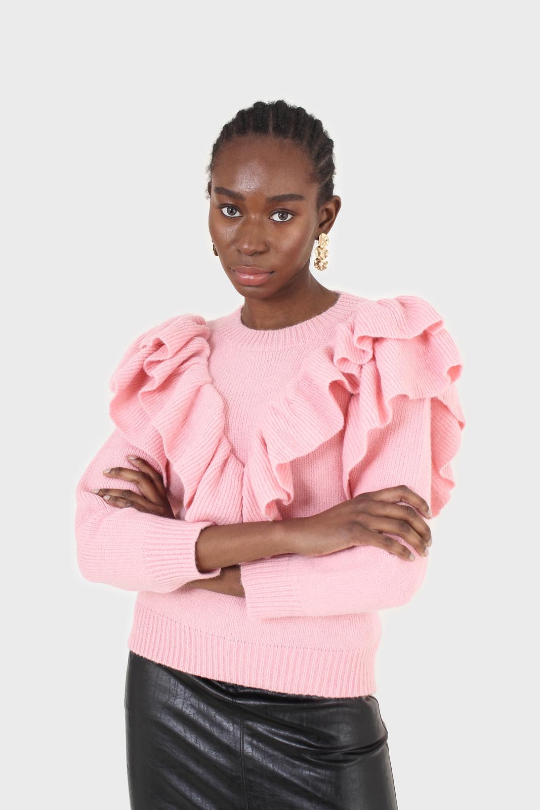 Pink deep V ruffle trim jumper