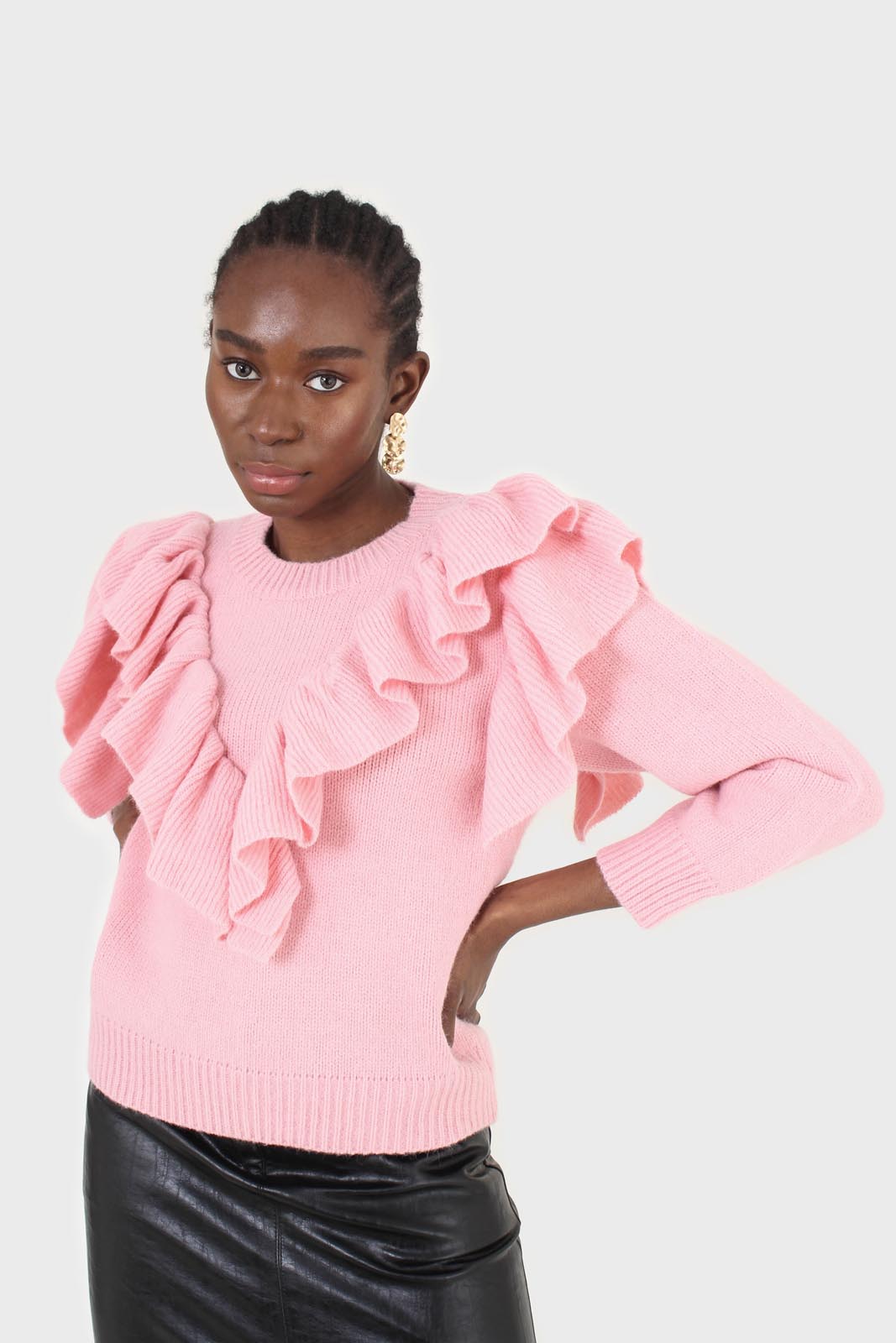 Pink deep V ruffle trim jumper