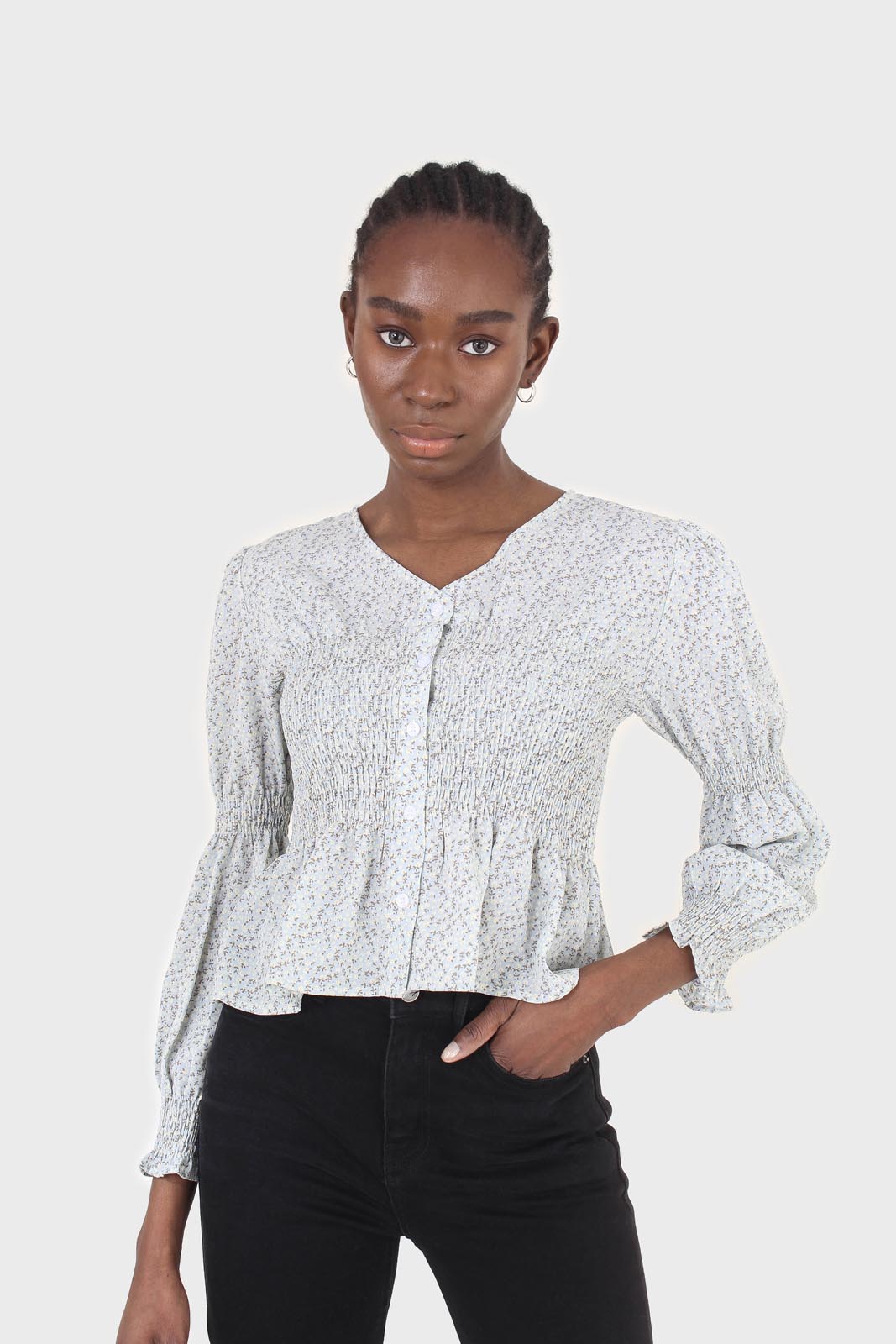 Pale blue tiny floral smocked blouse