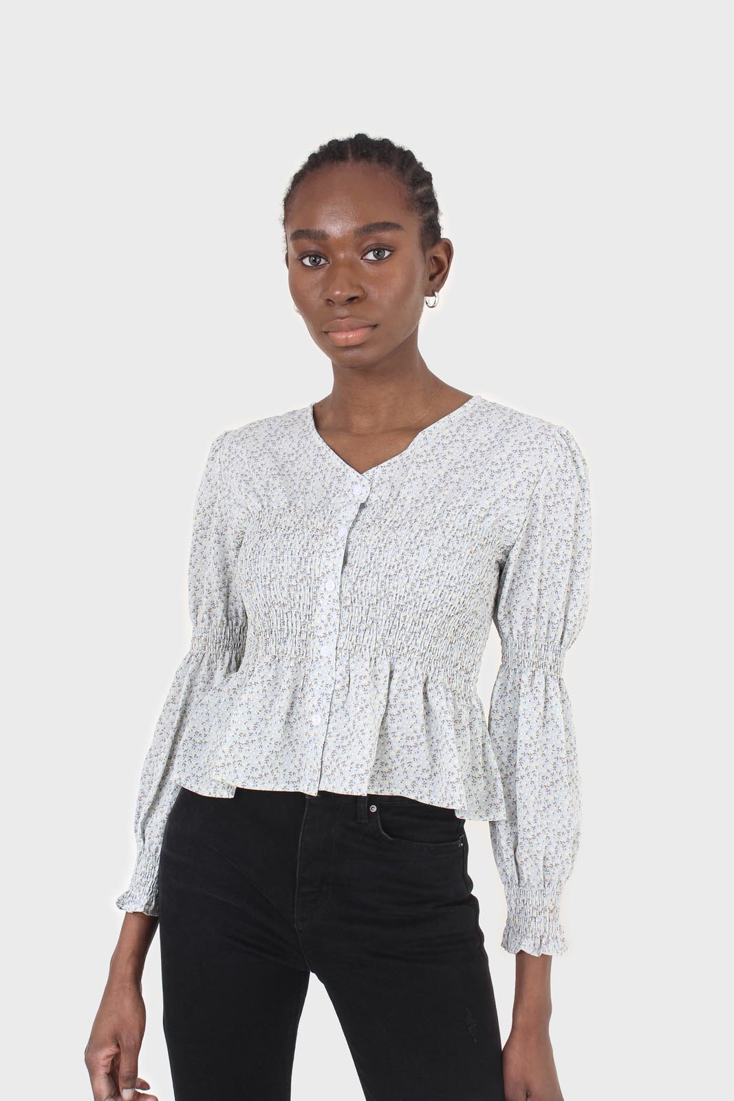Pale blue tiny floral smocked blouse