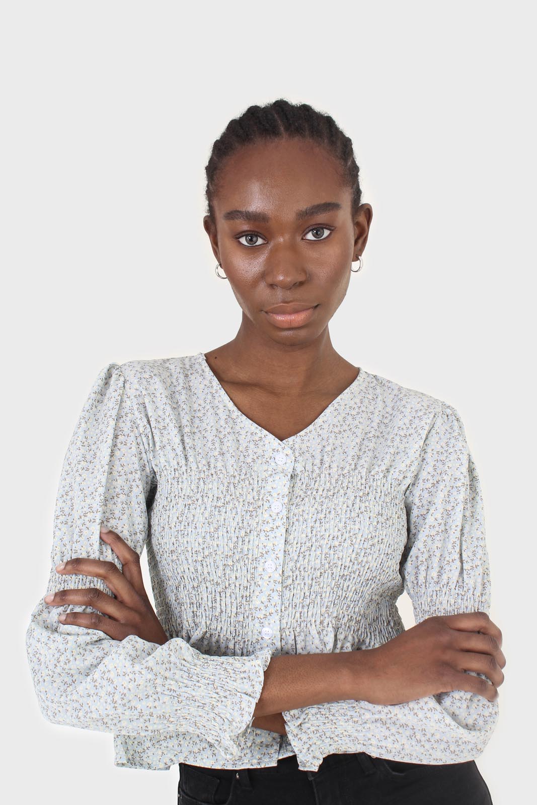 Pale blue tiny floral smocked blouse