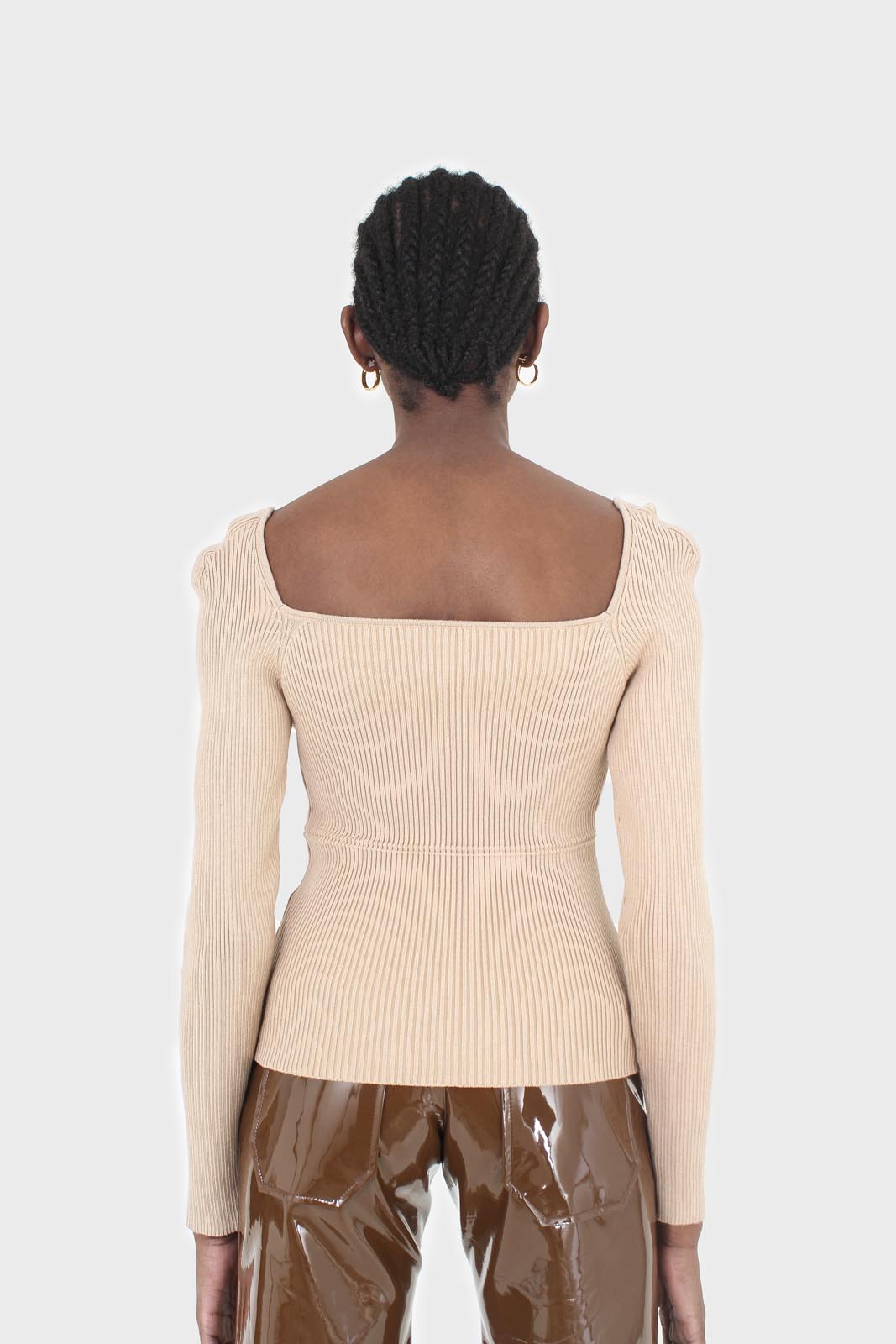 Beige wave neck bodice fitted knit top