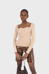 Beige wave neck bodice fitted knit top