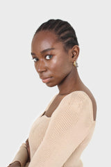 Beige wave neck bodice fitted knit top