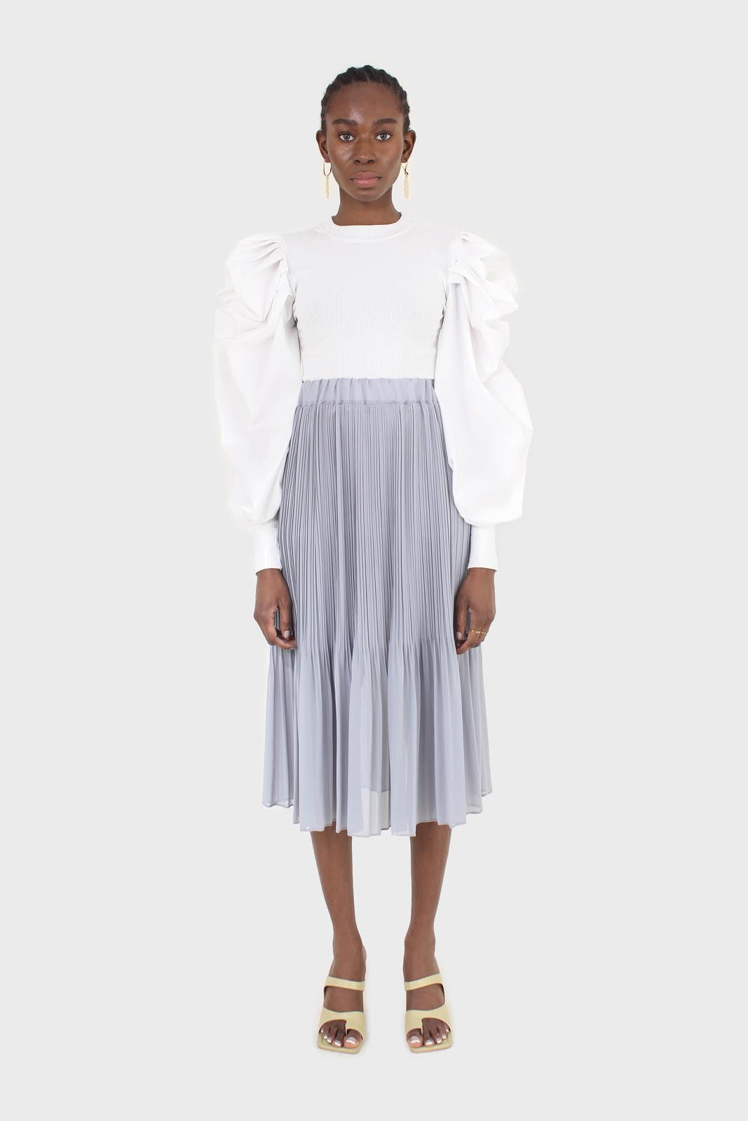 Ivory knit contrast puff sleeve top