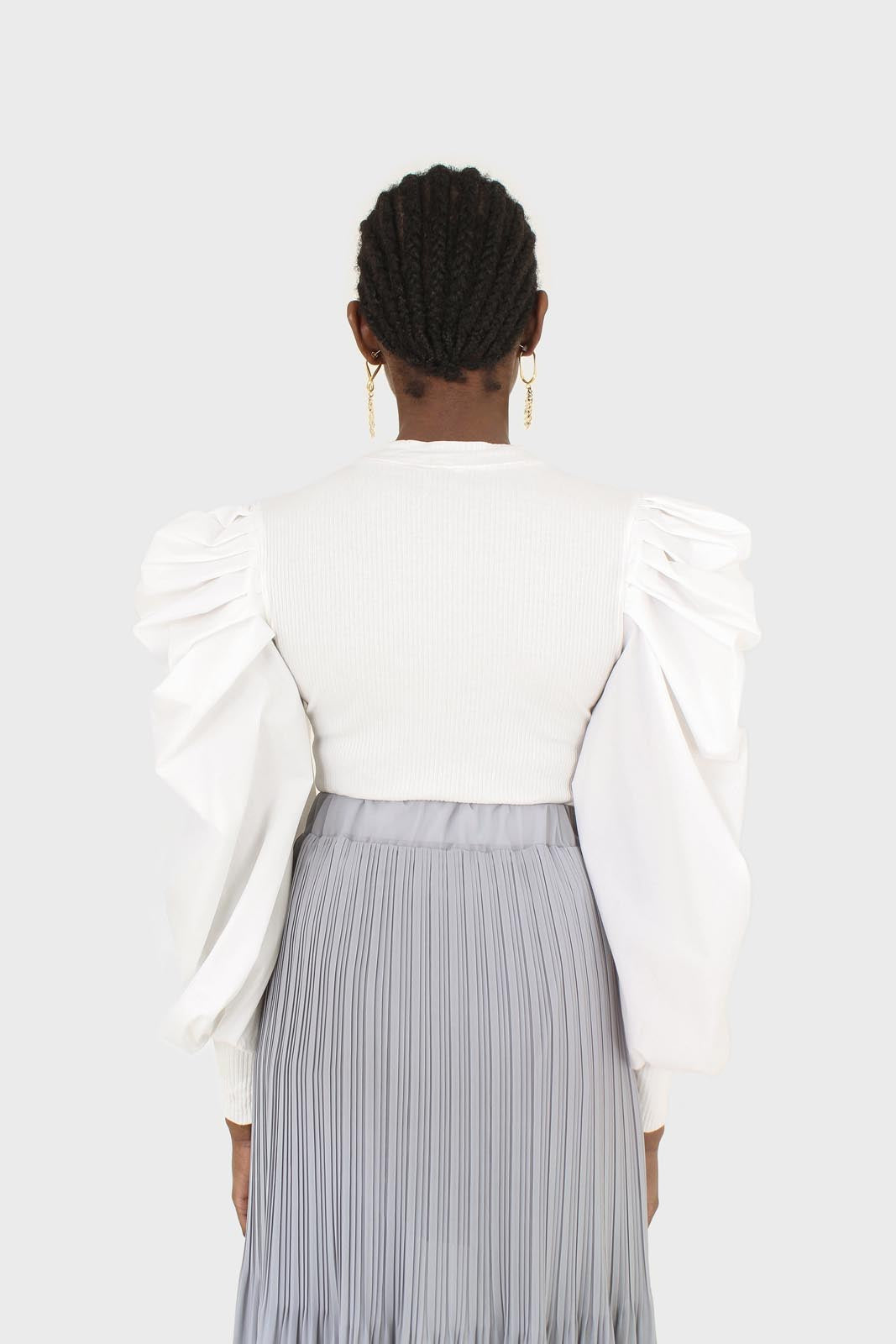 Ivory knit contrast puff sleeve top