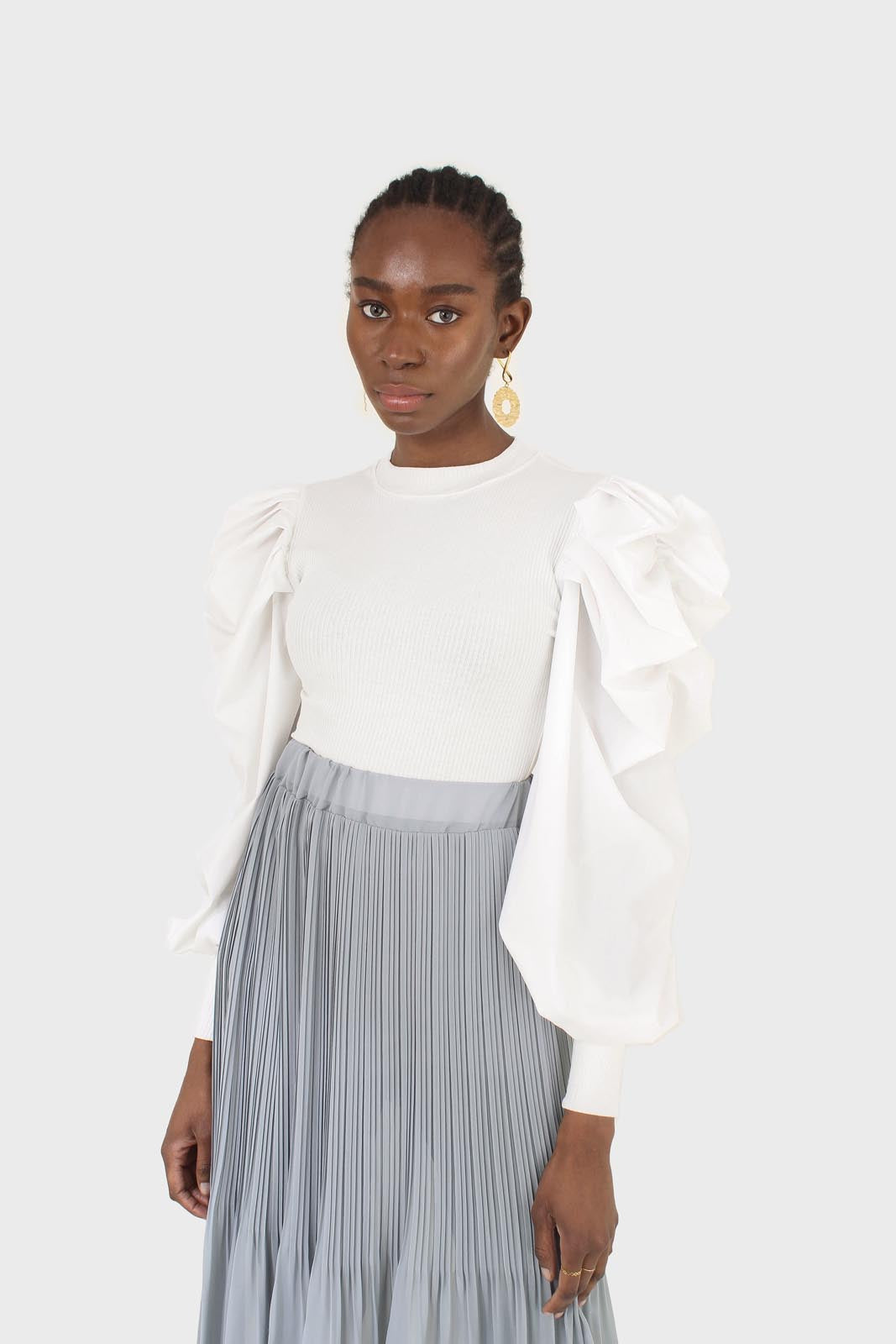 Ivory knit contrast puff sleeve top