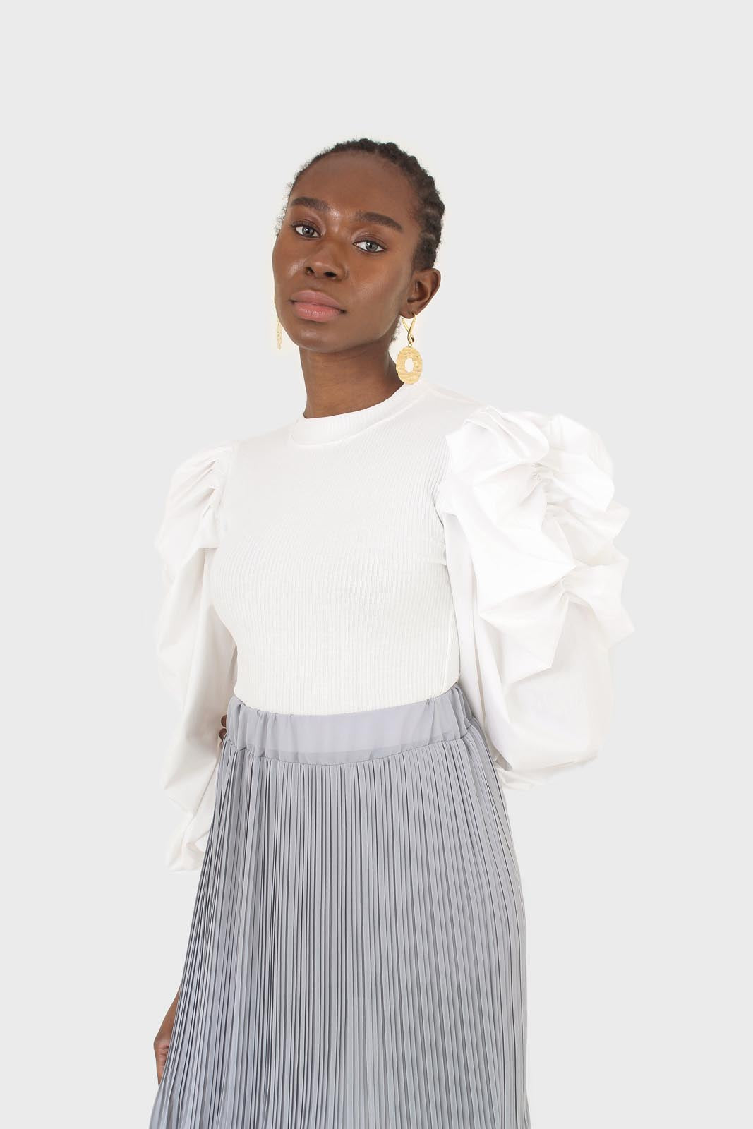 Ivory knit contrast puff sleeve top