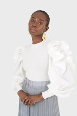 Ivory knit contrast puff sleeve top