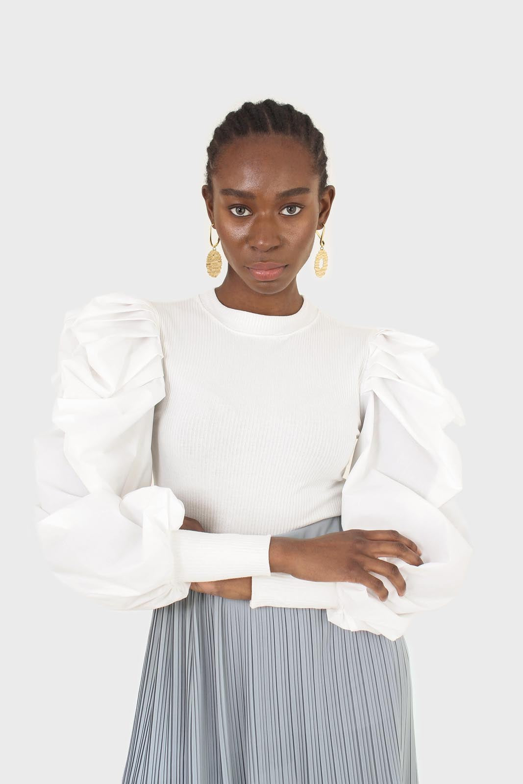 Ivory knit contrast puff sleeve top