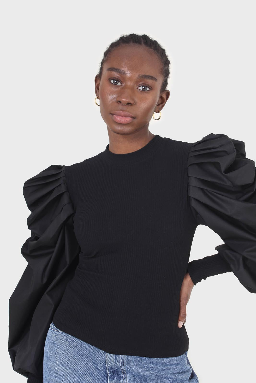 Black knit contrast puff sleeve top