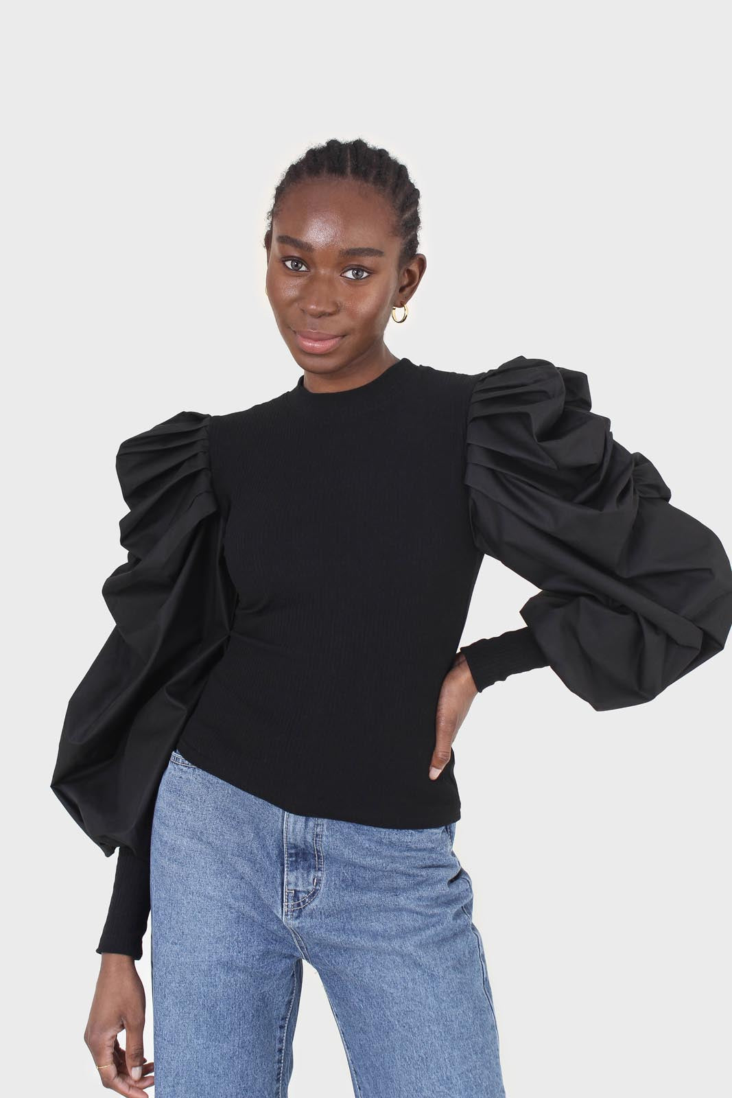 Black knit contrast puff sleeve top