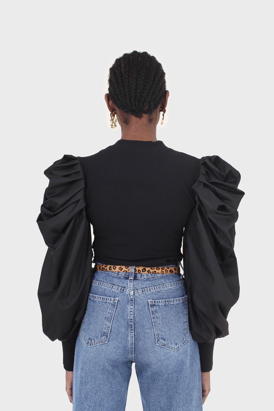 Black knit contrast puff sleeve top